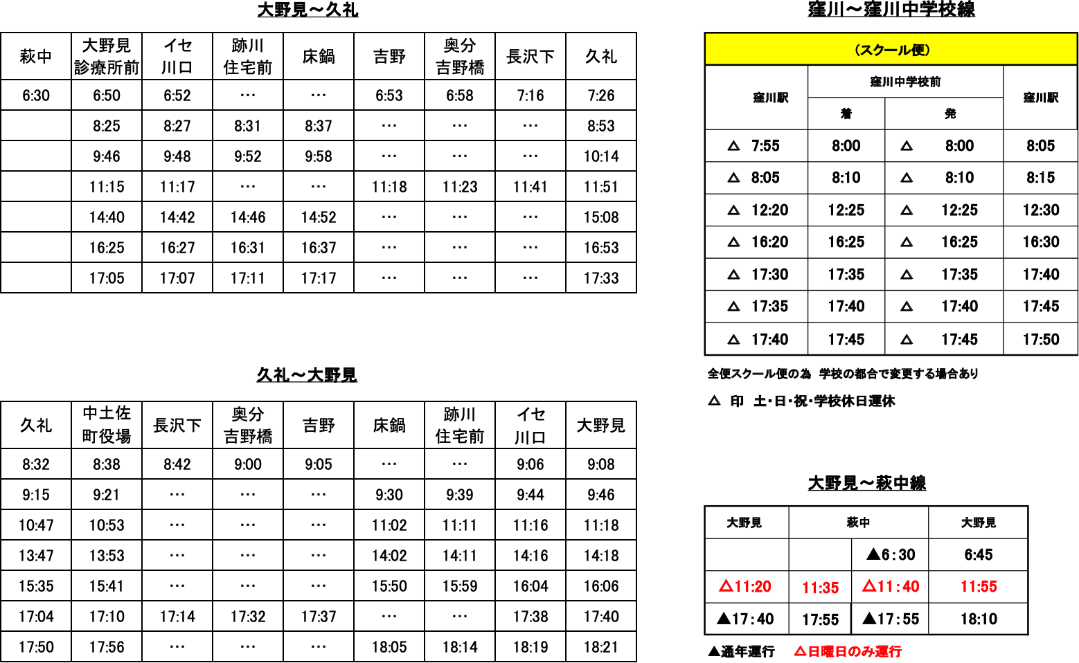 大野見〜久礼／窪川〜窪川中学校線 バス時刻表