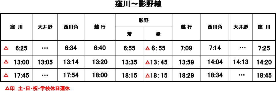 窪川〜影野線 バス時刻表