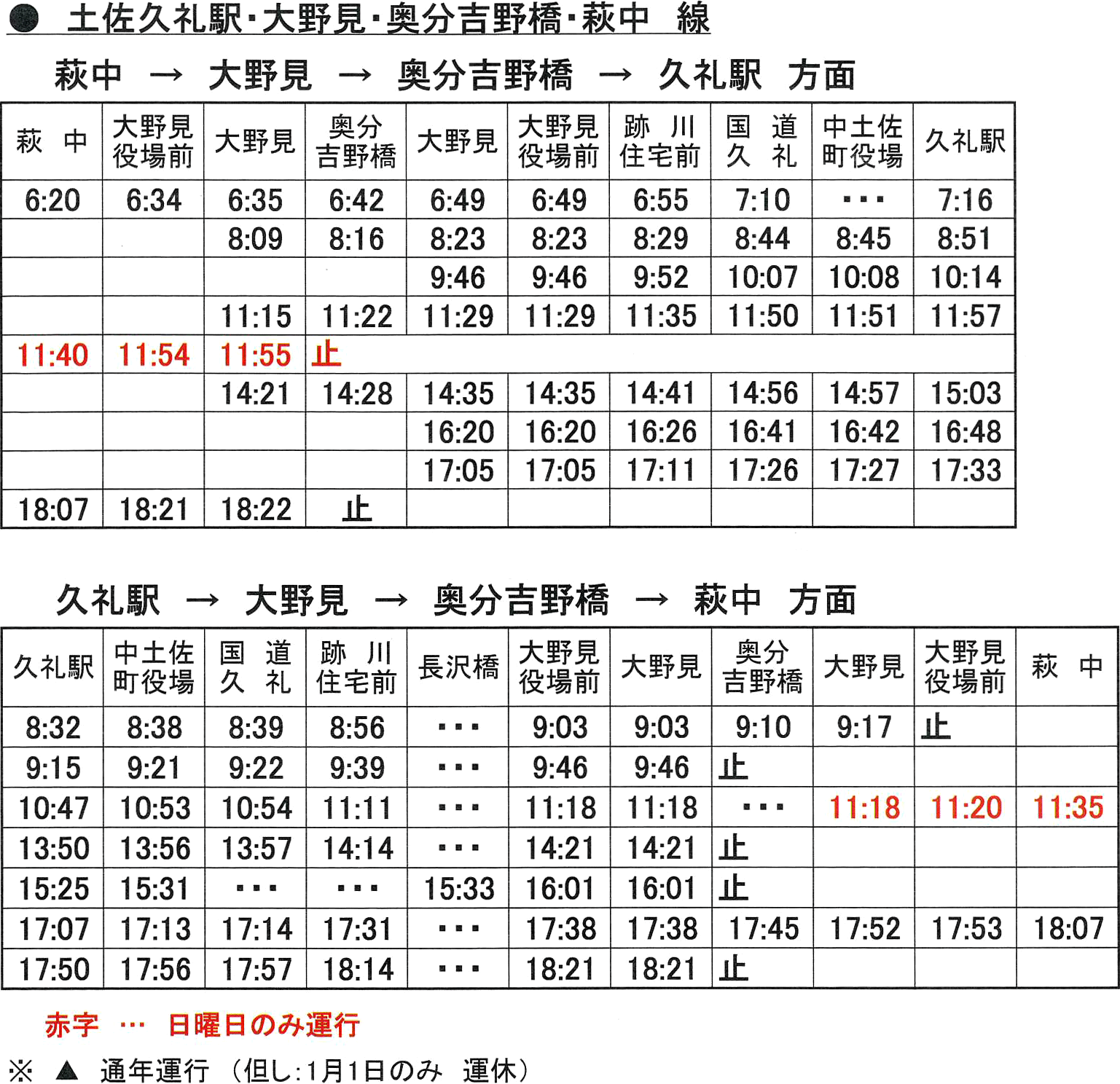 土佐久礼駅・大野見・奥分吉野橋・萩中線 バス時刻表