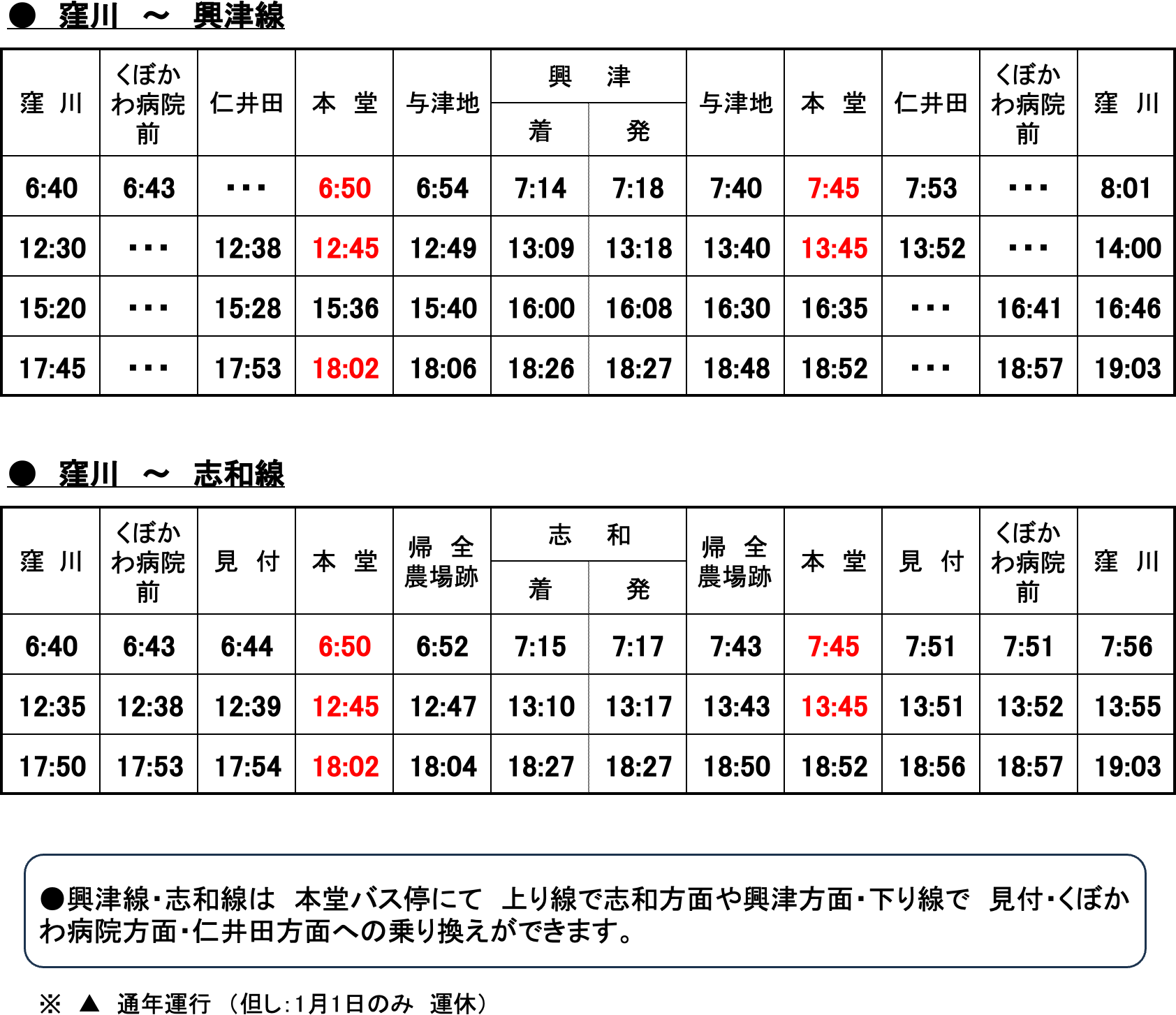 窪川〜興津線 窪川〜志和線 バス時刻表