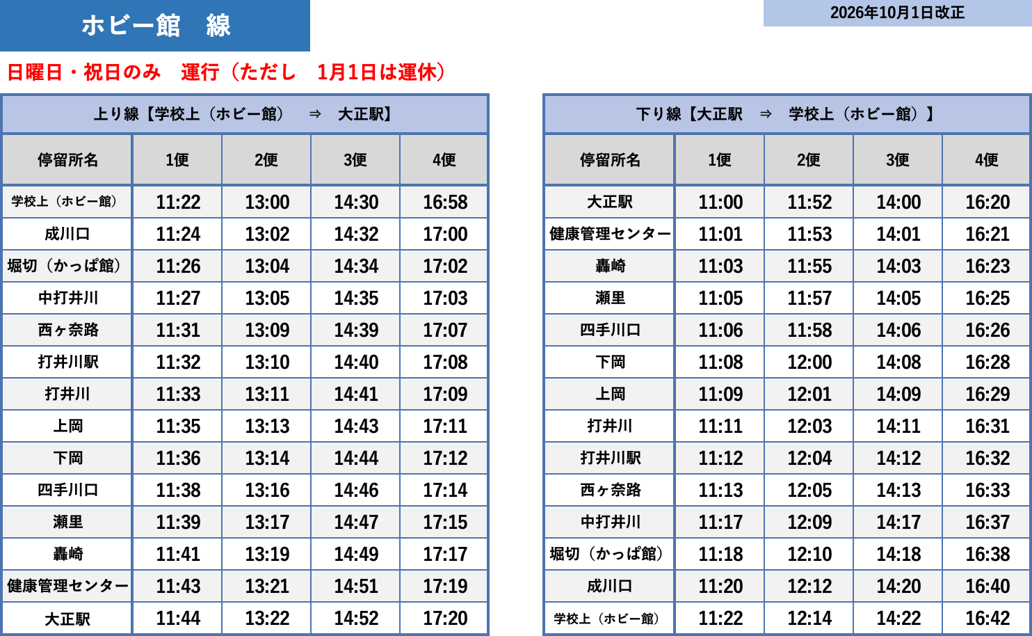 大正〜ホビー館 バス時刻表